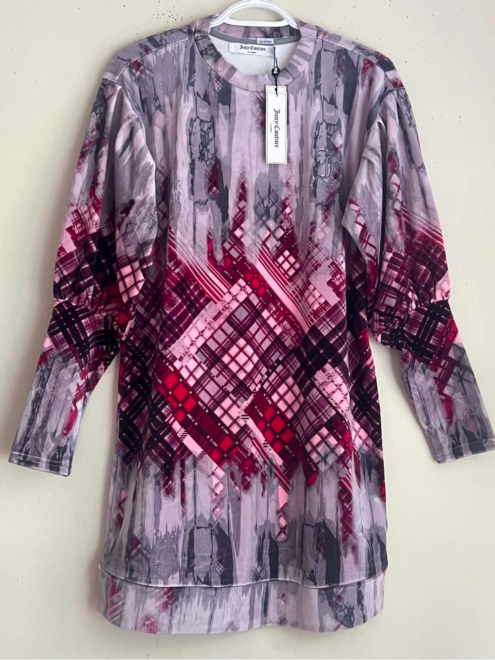 Juicy Couture Pink and Gray Abstract Plaid Long Sleeve Tunic Dress